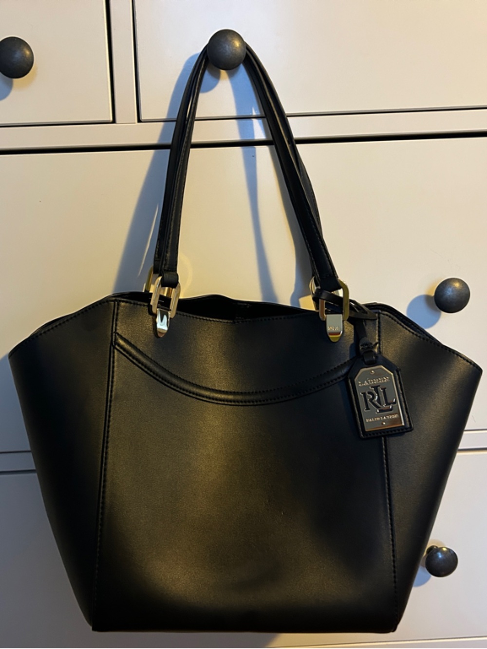 Ralph Lauren Black Leather Tote with Gold Hardware Tag